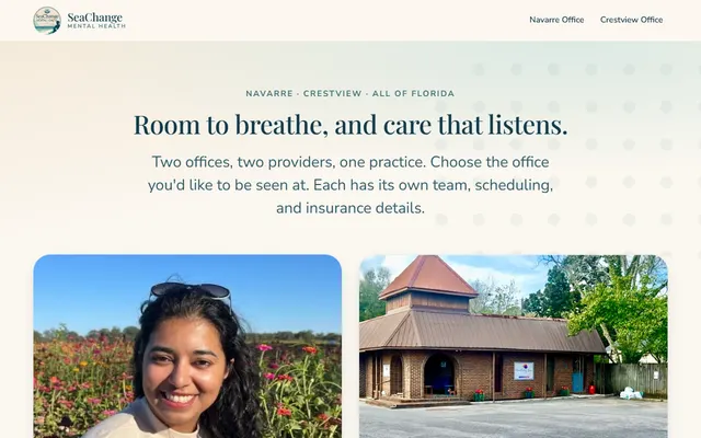 SeaChange Mental Health homepage: the headline "Room to breathe, and care that listens" above two office cards, Navarre with a photo of the provider and Crestview with a photo of the brick office building.